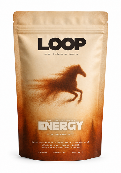 LOOP ENERGY lemon performance gummies pouch on a white background