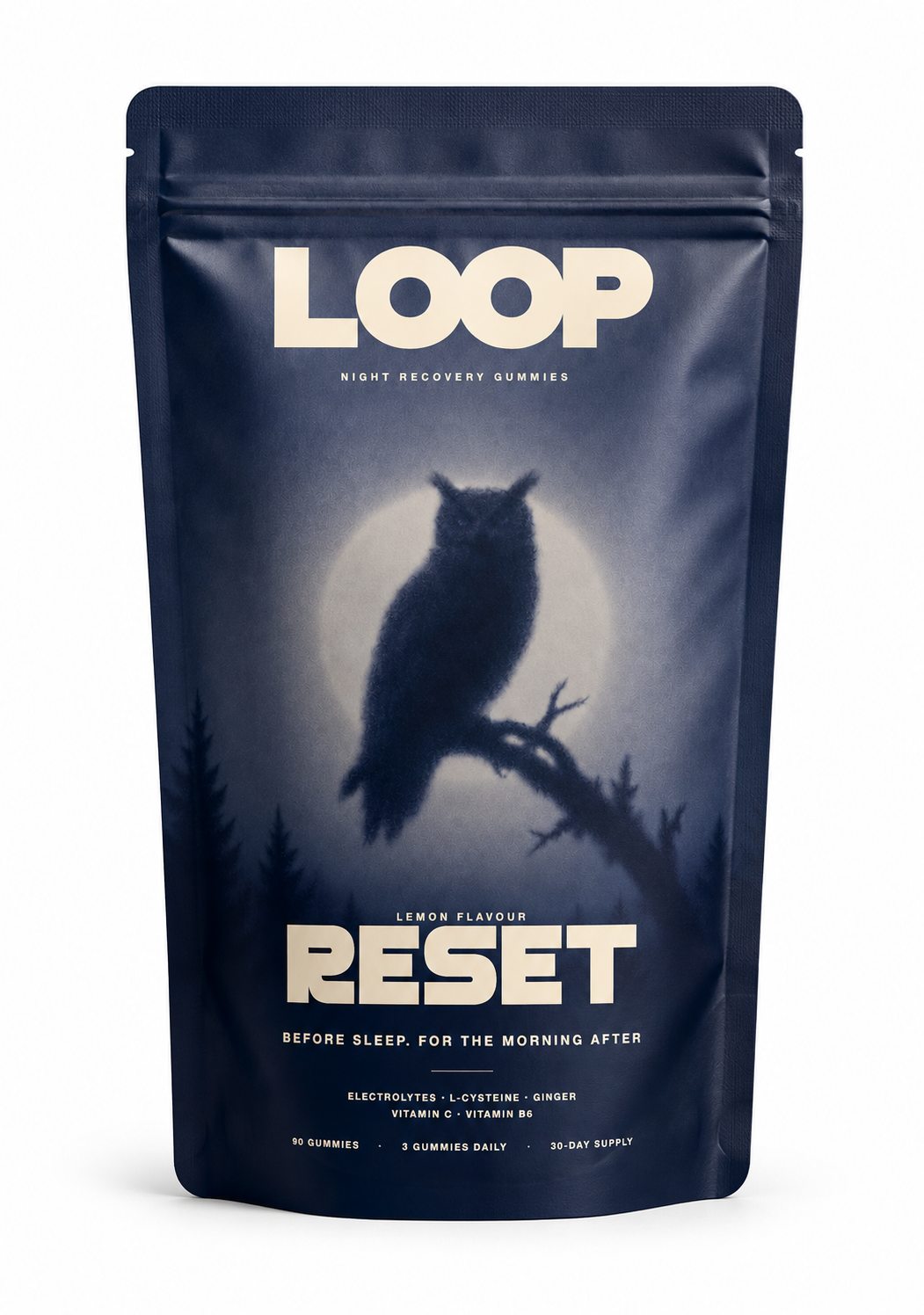 LOOP RESET lemon night recovery gummies pouch on a white background